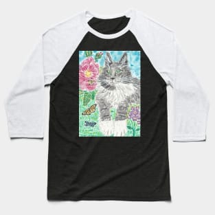Gray and white  cat butterflies  flowers  art Baseball T-Shirt